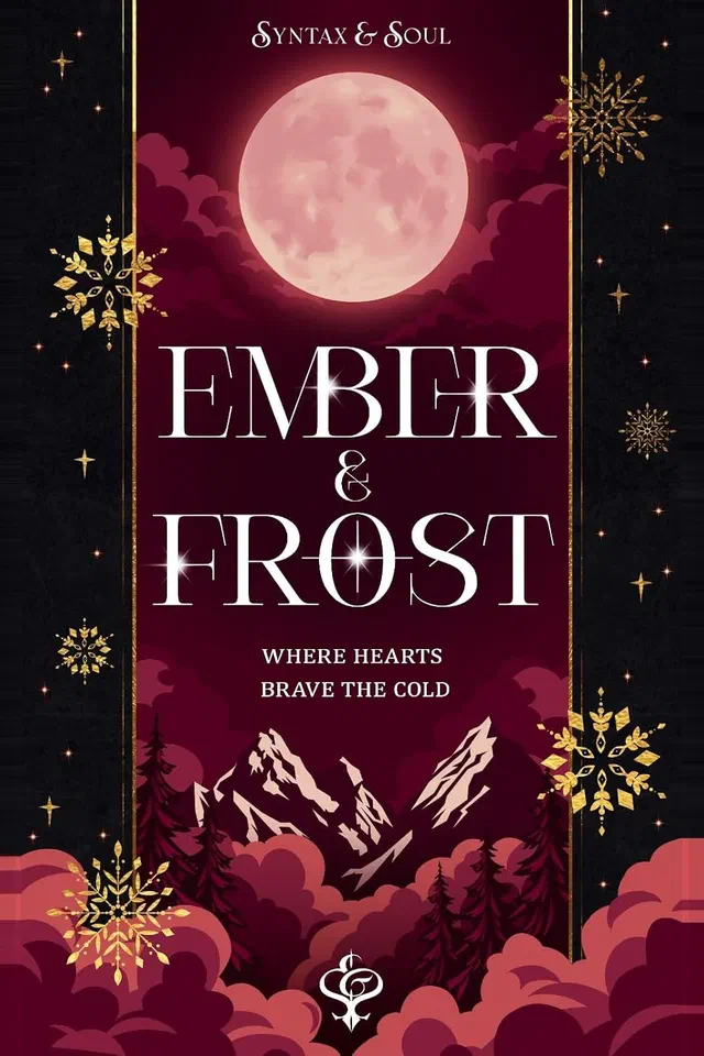 Buchcover der Anthologie Ember & Frost – Where hearts brave the cold: Vollmond über verschneiten Bergen und Tannen, umrahmt von goldenen Schneeflocken