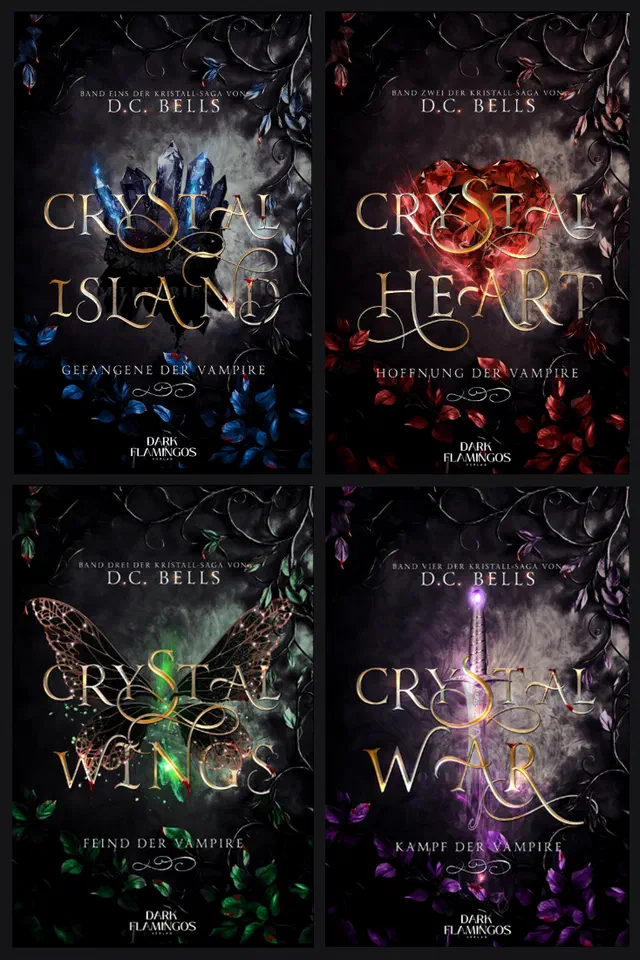 Die vier Bandcover der Kristallsaga nebeneinander: Crystal Island, Crystal Heart, Crystal Wings und Crystal War